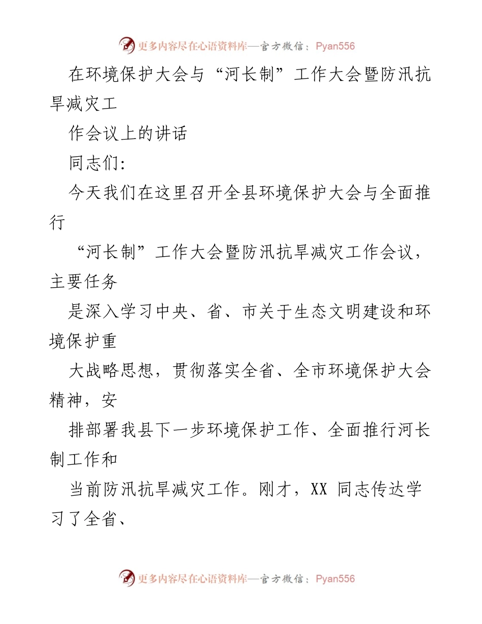 [发言] 环境保护大会 - 强调环境保护与河长制工作的重要性.docx_第1页