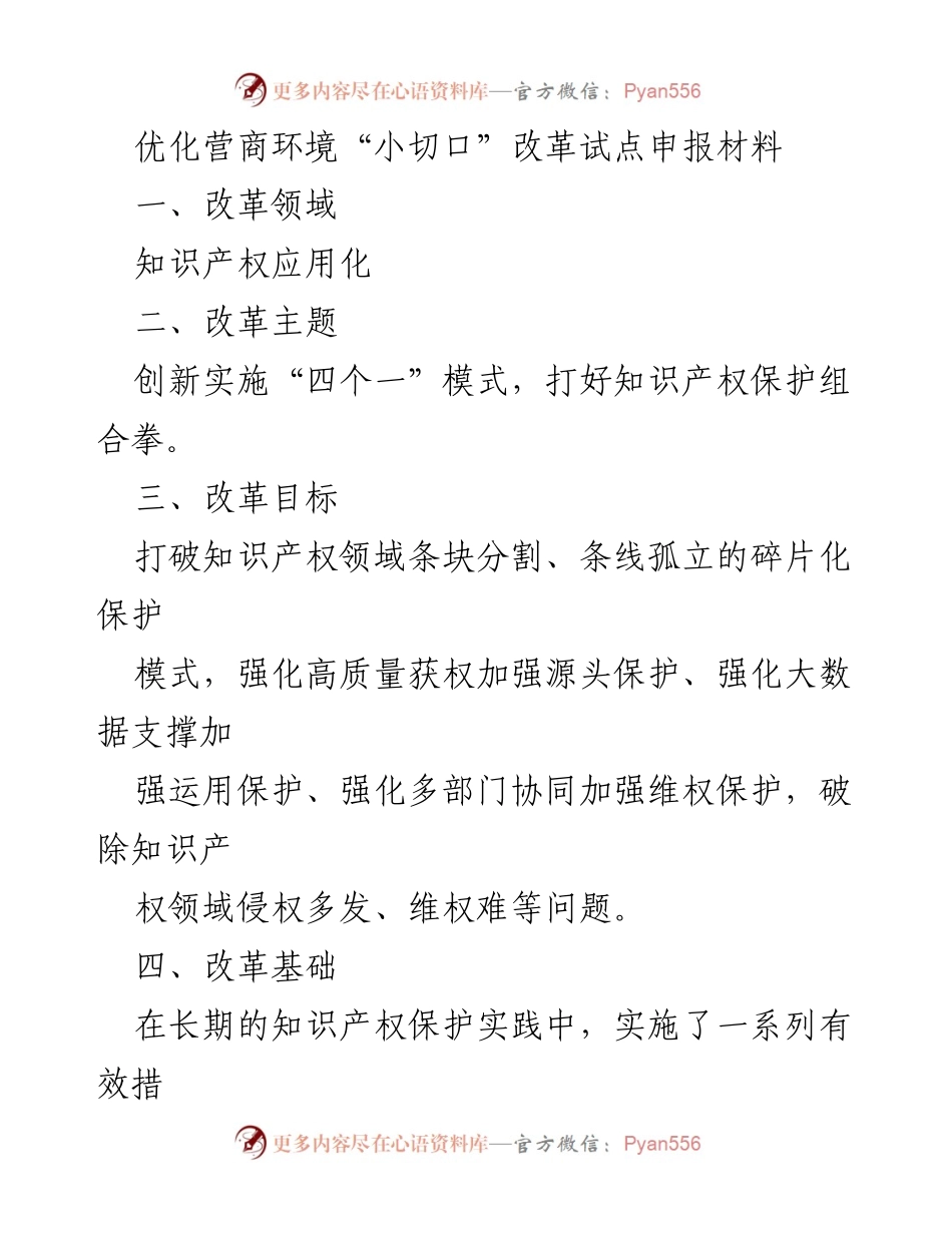 [发言] 知识产权保护改革试点申报 - 打造知识产权保护新模式，优化营商环境.docx_第1页