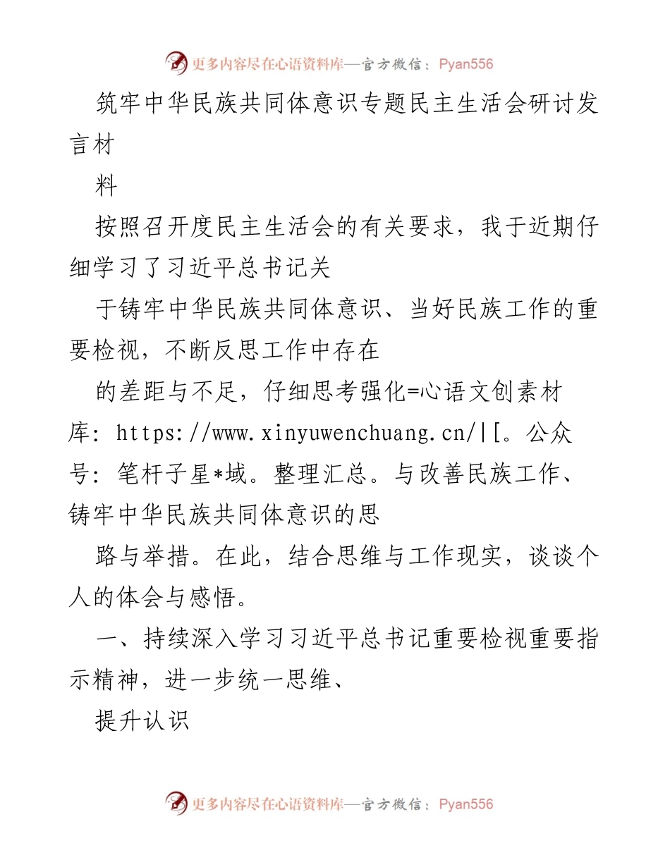 [发言] 民主生活会 - 深化民族团结与共同体意识的实践体会.docx_第1页