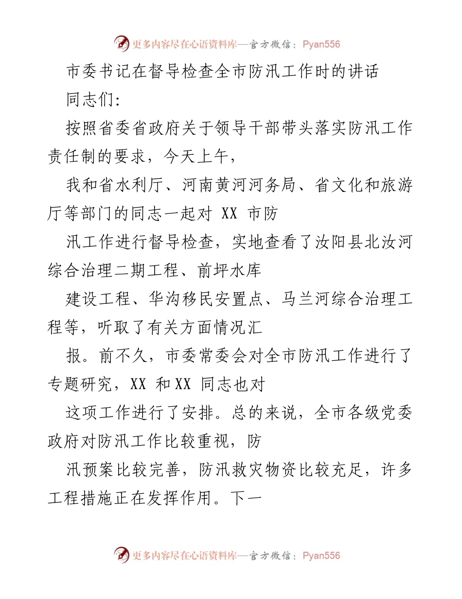 [发言] 督导检查 - 市委书记关于全市防汛工作的重要讲话.docx_第1页