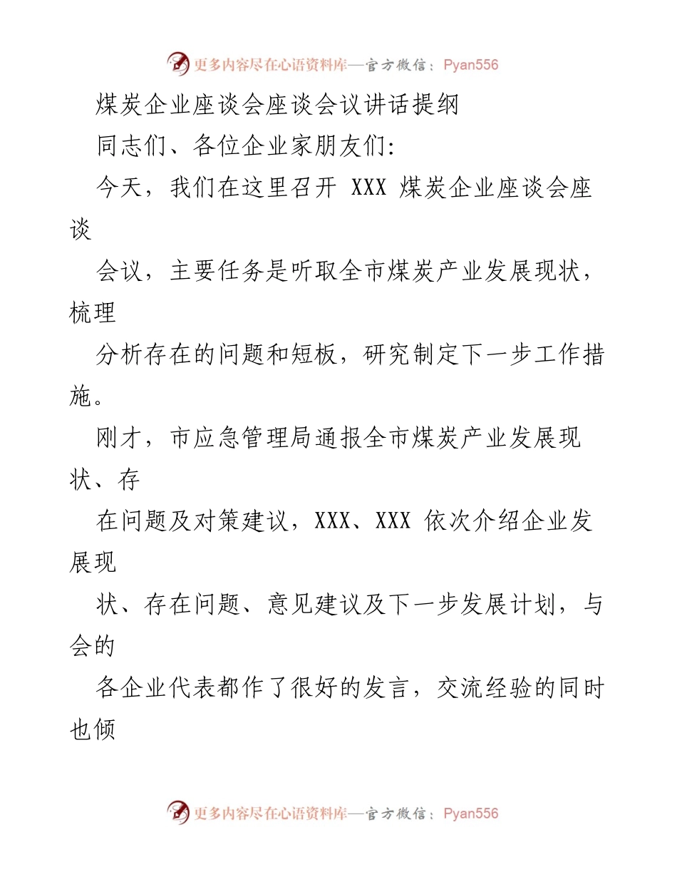 [发言] 煤炭企业座谈会 - 煤炭产业发展与供应保障的重要性探讨.docx_第1页