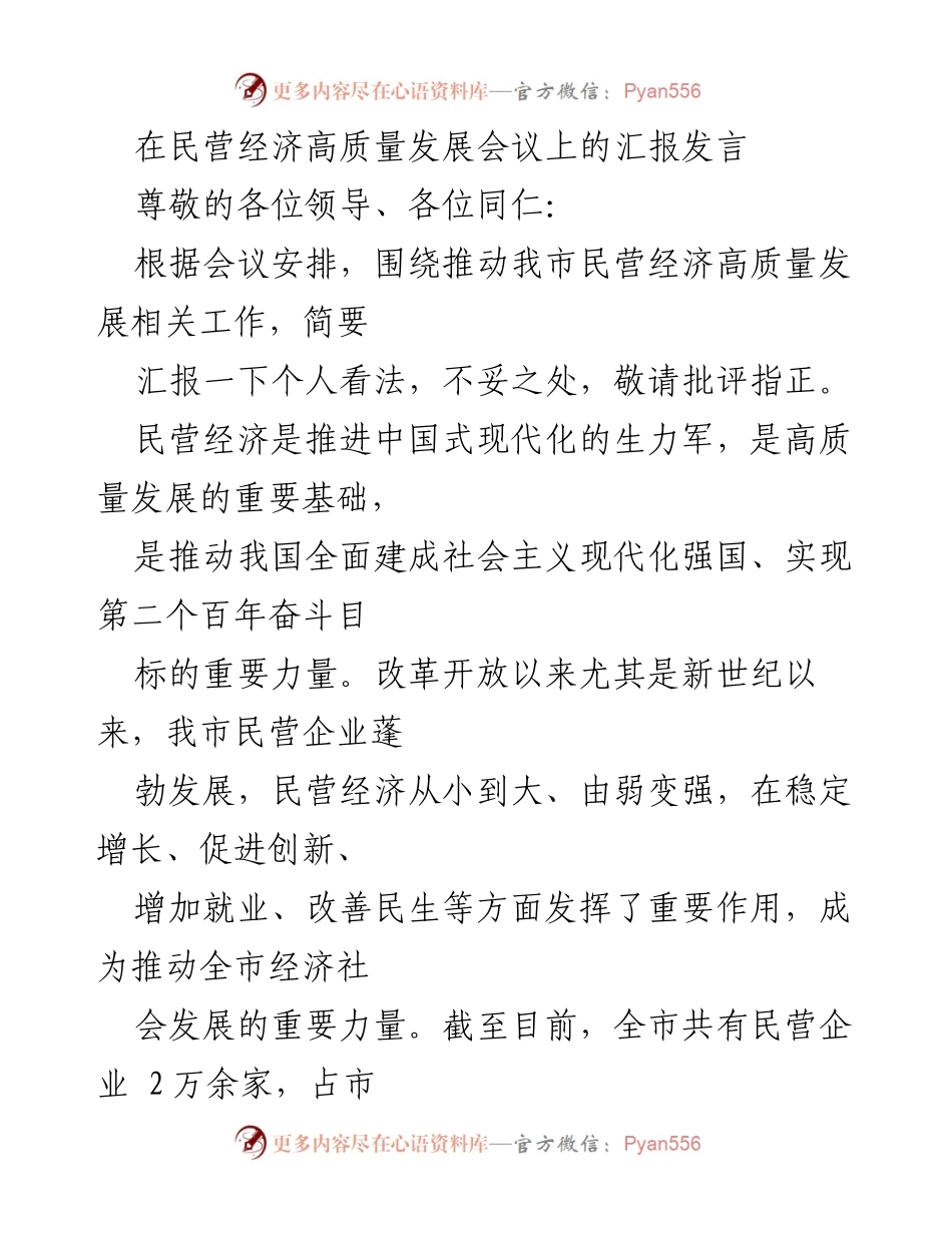 [发言] 民营经济高质量发展会议 - 推动民营经济高质量发展的重要性与措施.docx_第1页