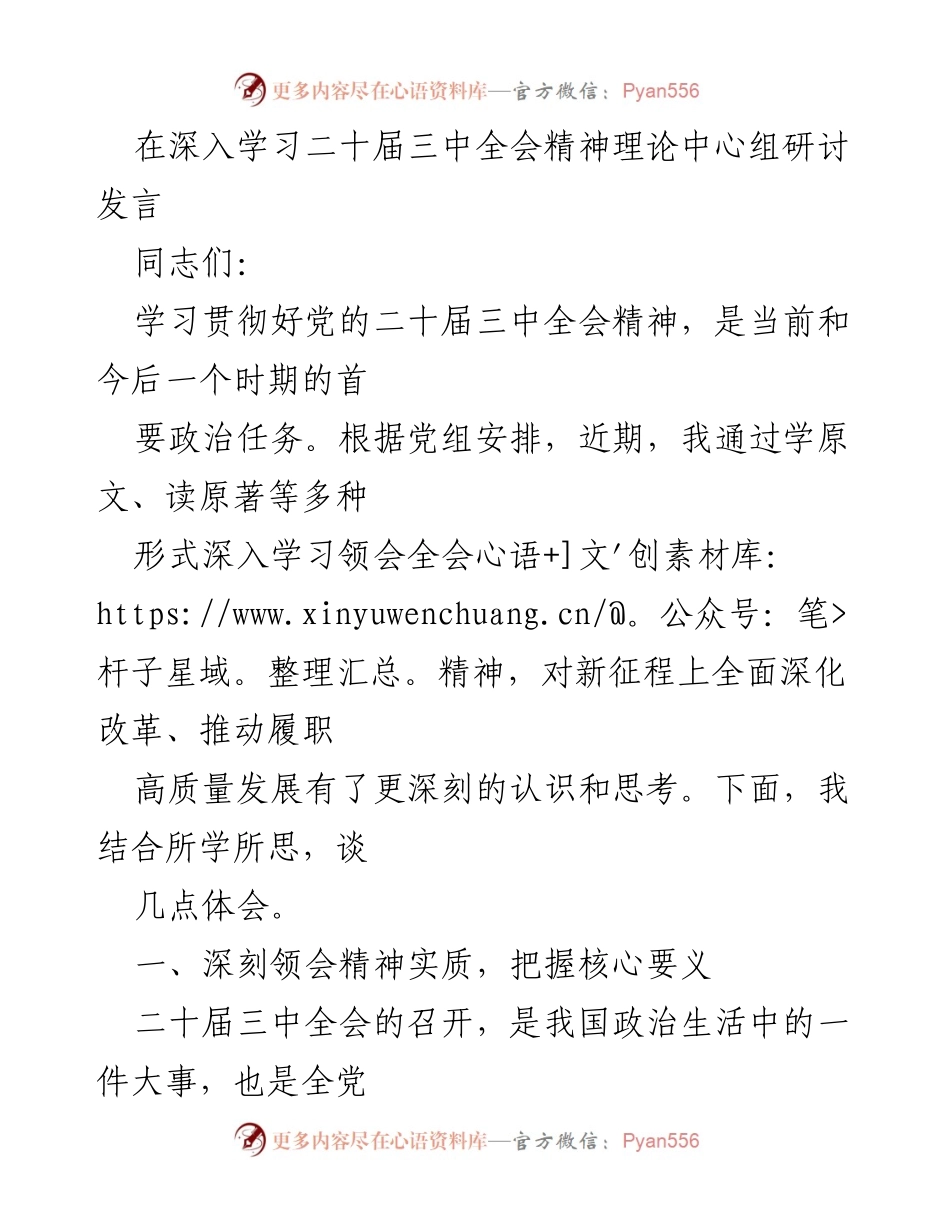 [发言] 理论中心组研讨 - 深入学习贯彻党的二十届三中全会精神的体会与思考.docx_第1页