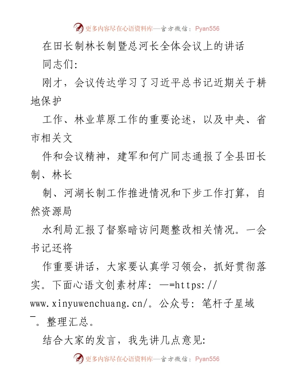 [发言] 田长制林长制暨总河长全体会议 - 确保耕地保护与质量提升的工作部署.docx_第1页
