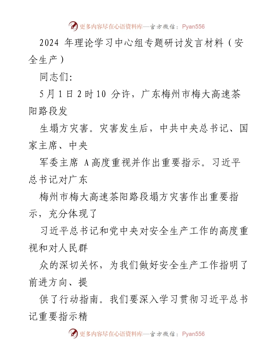 [发言] 理论学习中心组专题研讨 - 深入学习贯彻习近平总书记关于安全生产的重要指示.docx_第1页