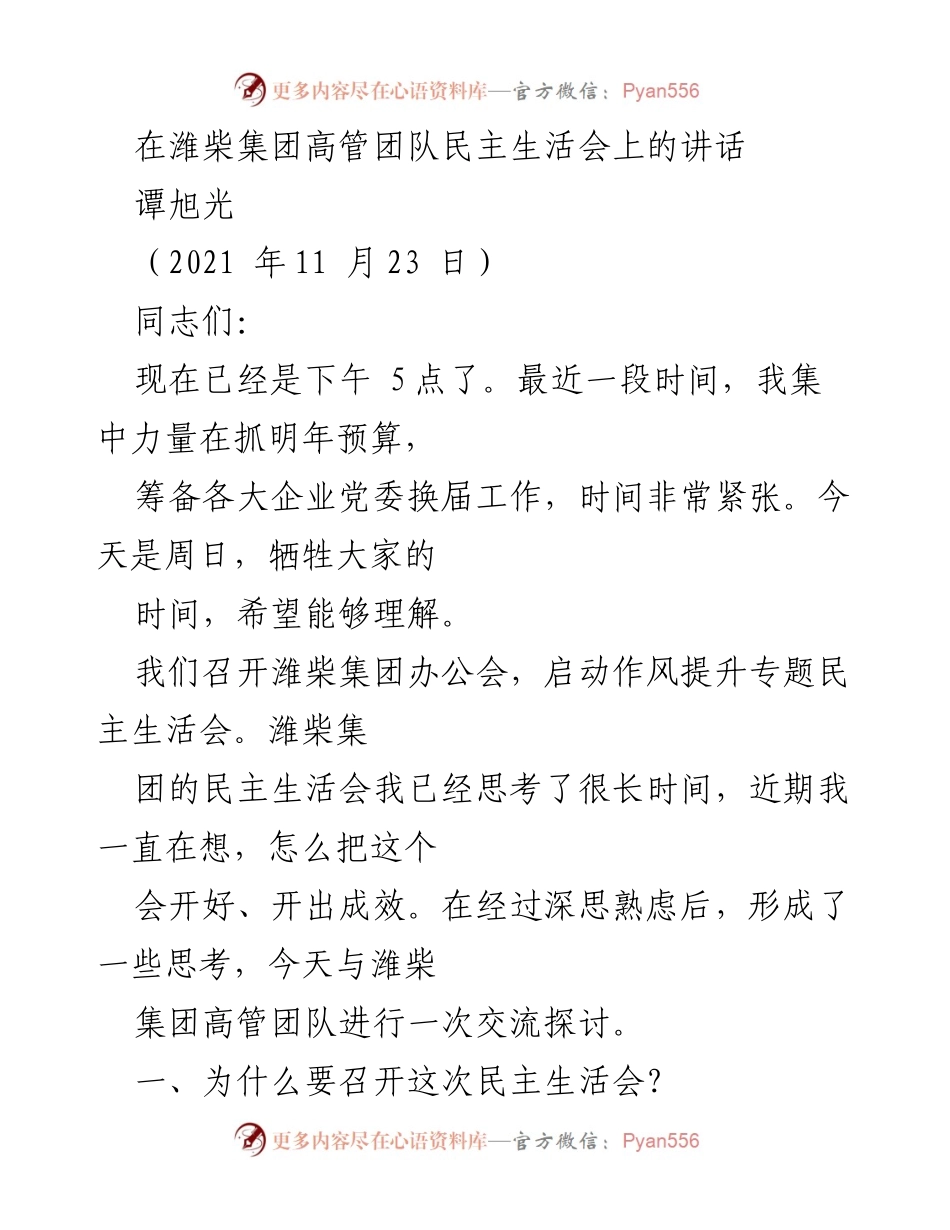 [发言] 潍柴集团高管团队民主生活会 - 加强作风建设，推动接班人培养与企业可持续发展.docx_第1页