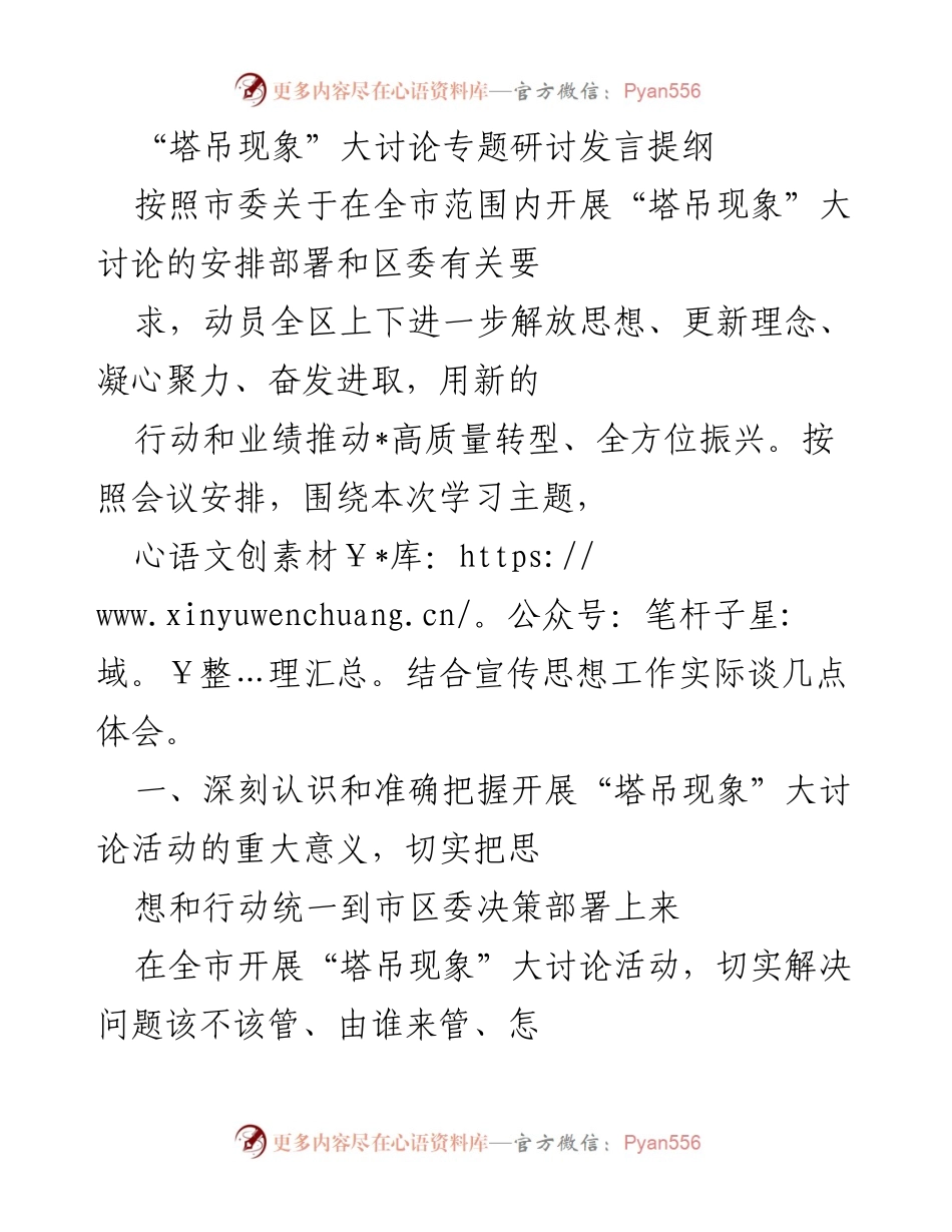 [发言] 研讨会 - 深入推动“塔吊现象”大讨论，促进高质量转型与全方位振兴.docx_第1页