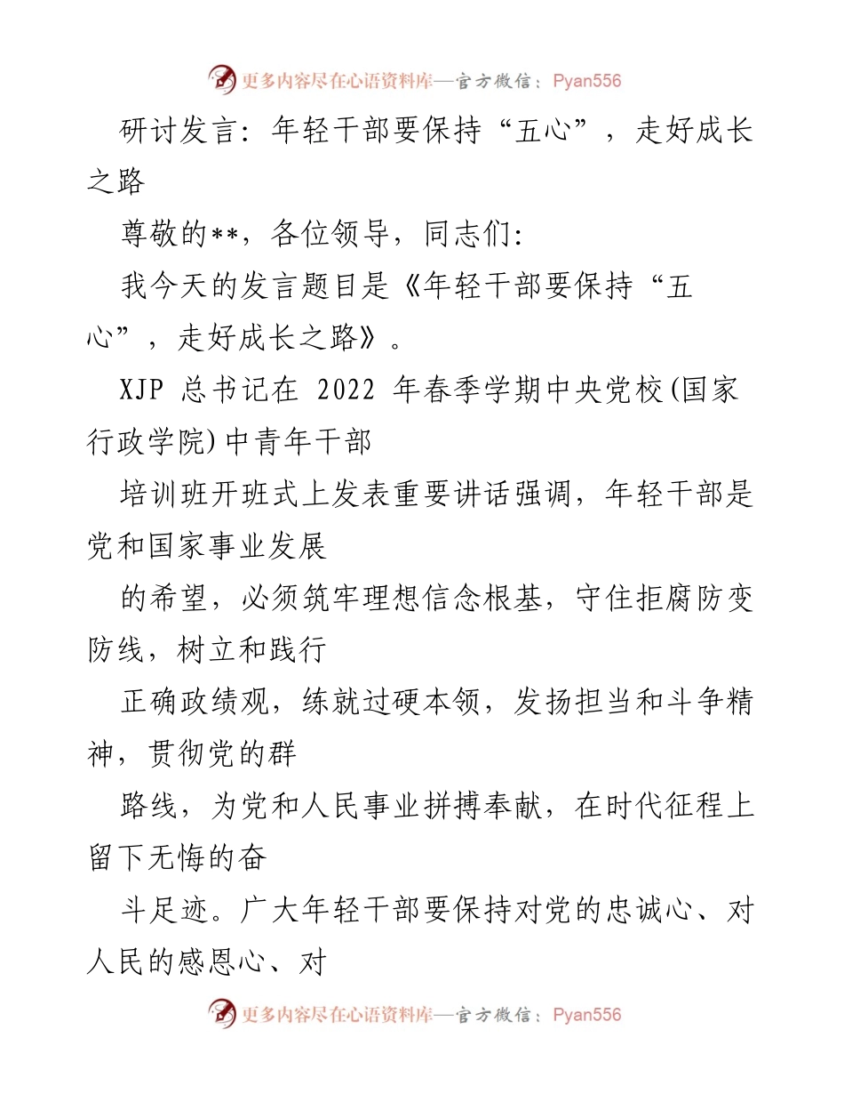 [发言] 研讨会 - 年轻干部应保持“五心”，走好成长之路.docx_第1页