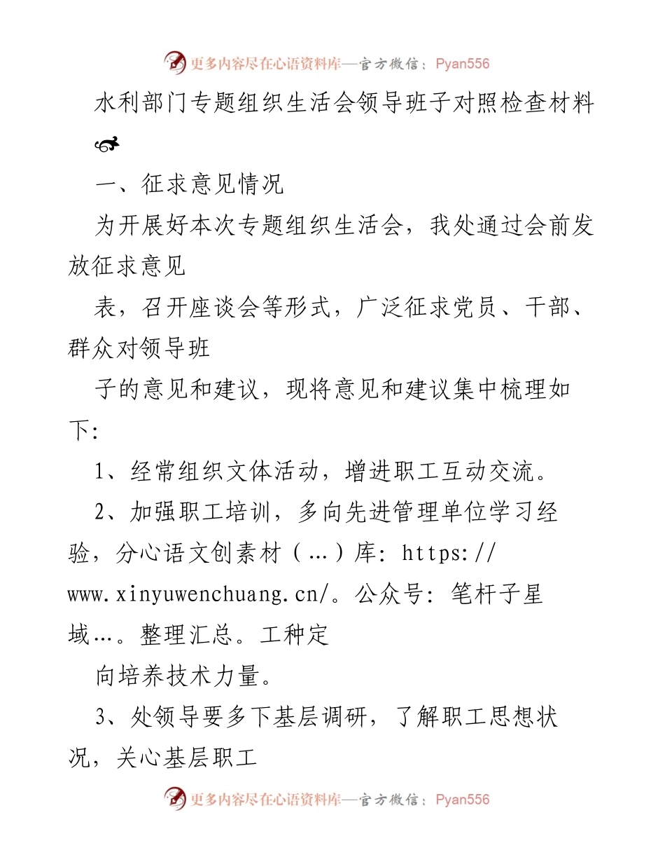 [发言] 水利部门专题组织生活会 - 领导班子对照检查与整改措施总结.docx_第1页