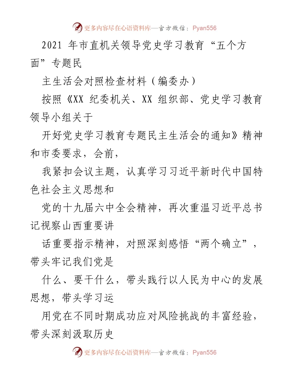 [发言] 民主生活会 - 深入检视与反思：党史学习教育专题民主生活会对照检查材料.docx_第1页
