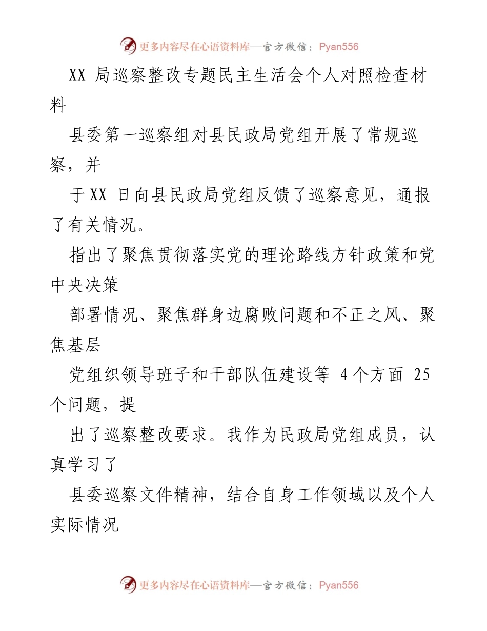 [发言] 民政局巡察整改专题民主生活会 - 巡察整改个人对照检查材料总结.docx_第1页