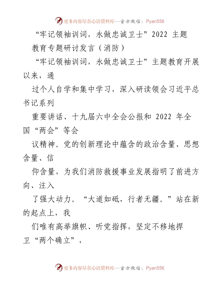 [发言] 消防主题教育研讨会 - “牢记领袖训词，永做忠诚卫士”——推动消防救援事业高质量发展的思考与实践.docx_第1页