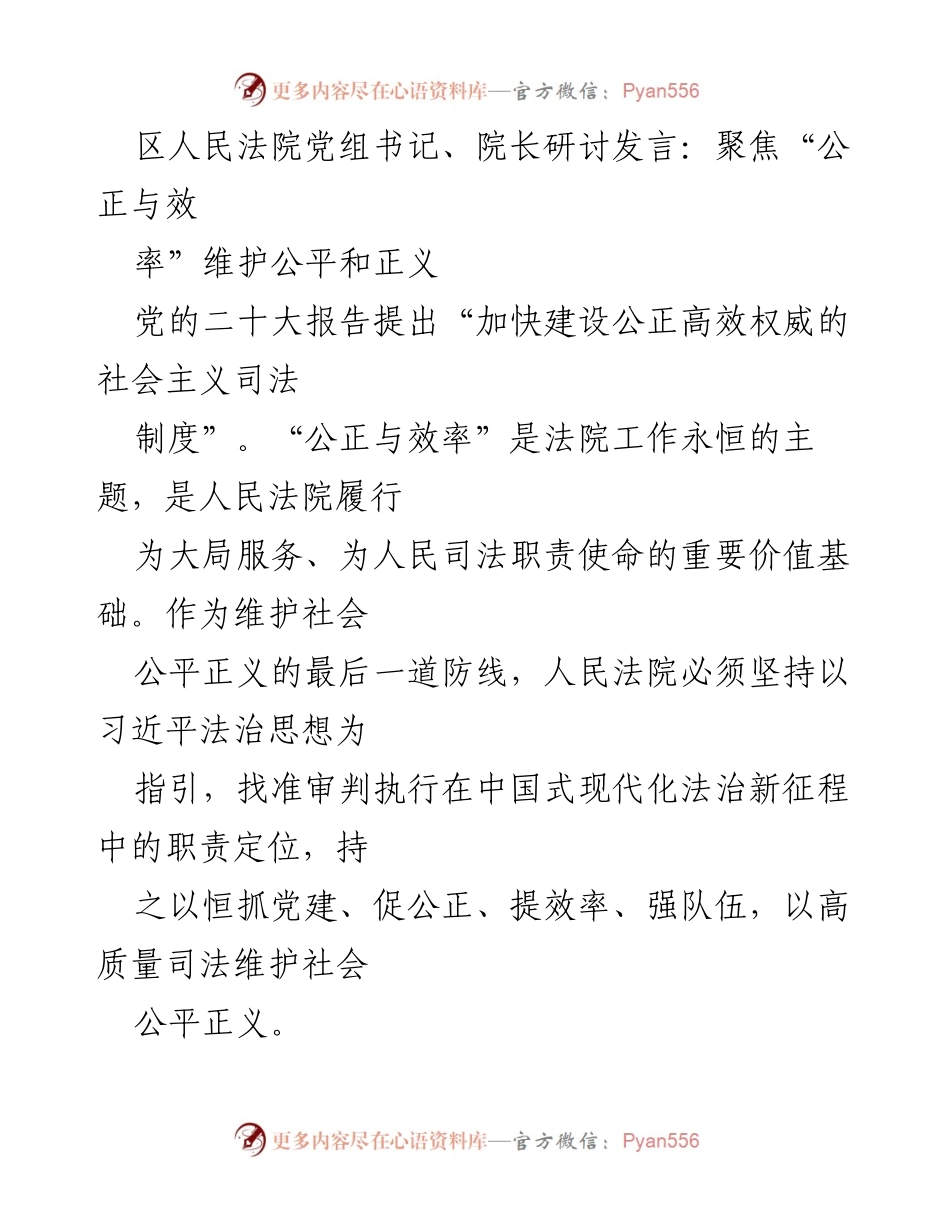 [发言] 研讨会 - 聚焦公正与效率，推动社会主义司法制度建设.docx_第1页