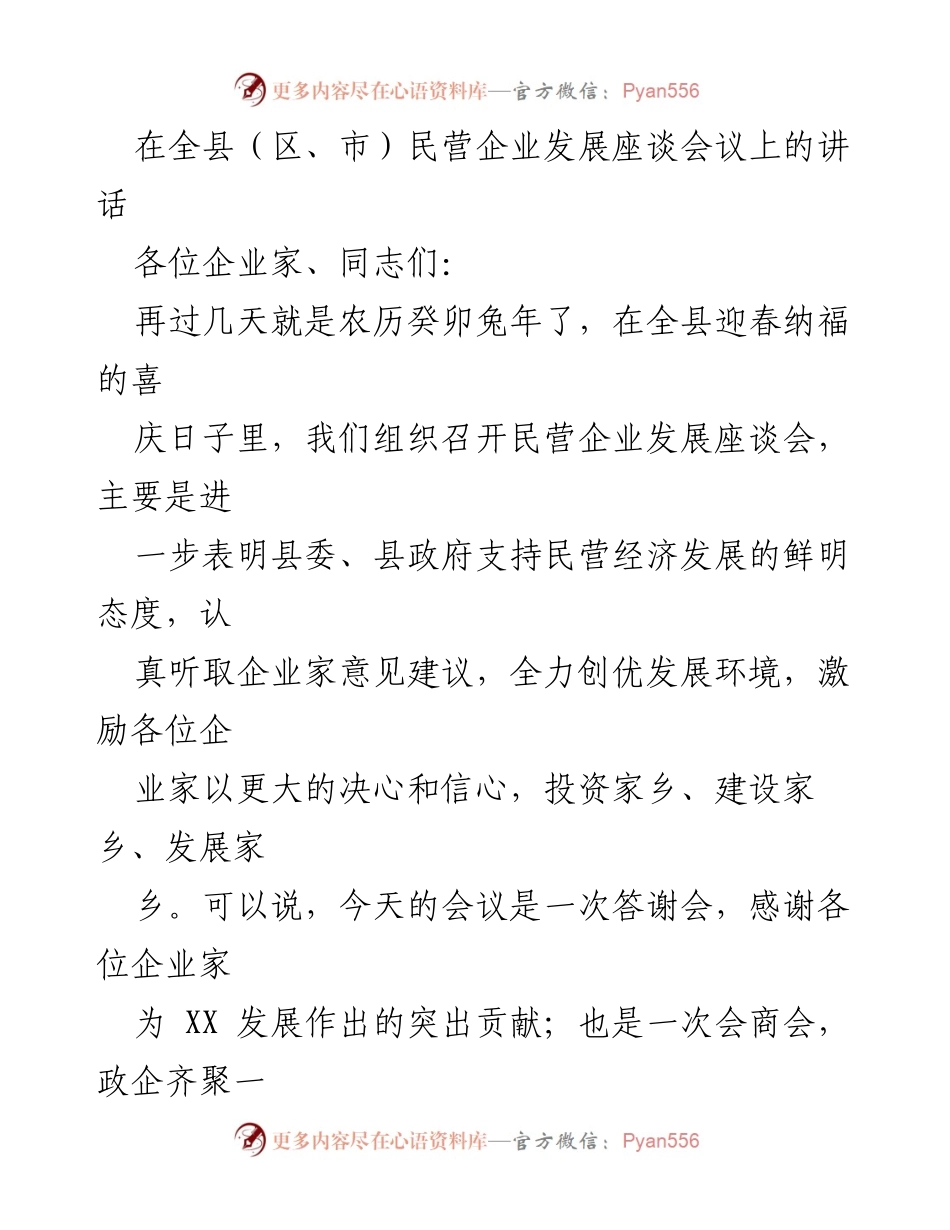 [发言] 民营企业发展座谈会议 - 支持民营经济发展的坚定信念与行动.docx_第1页