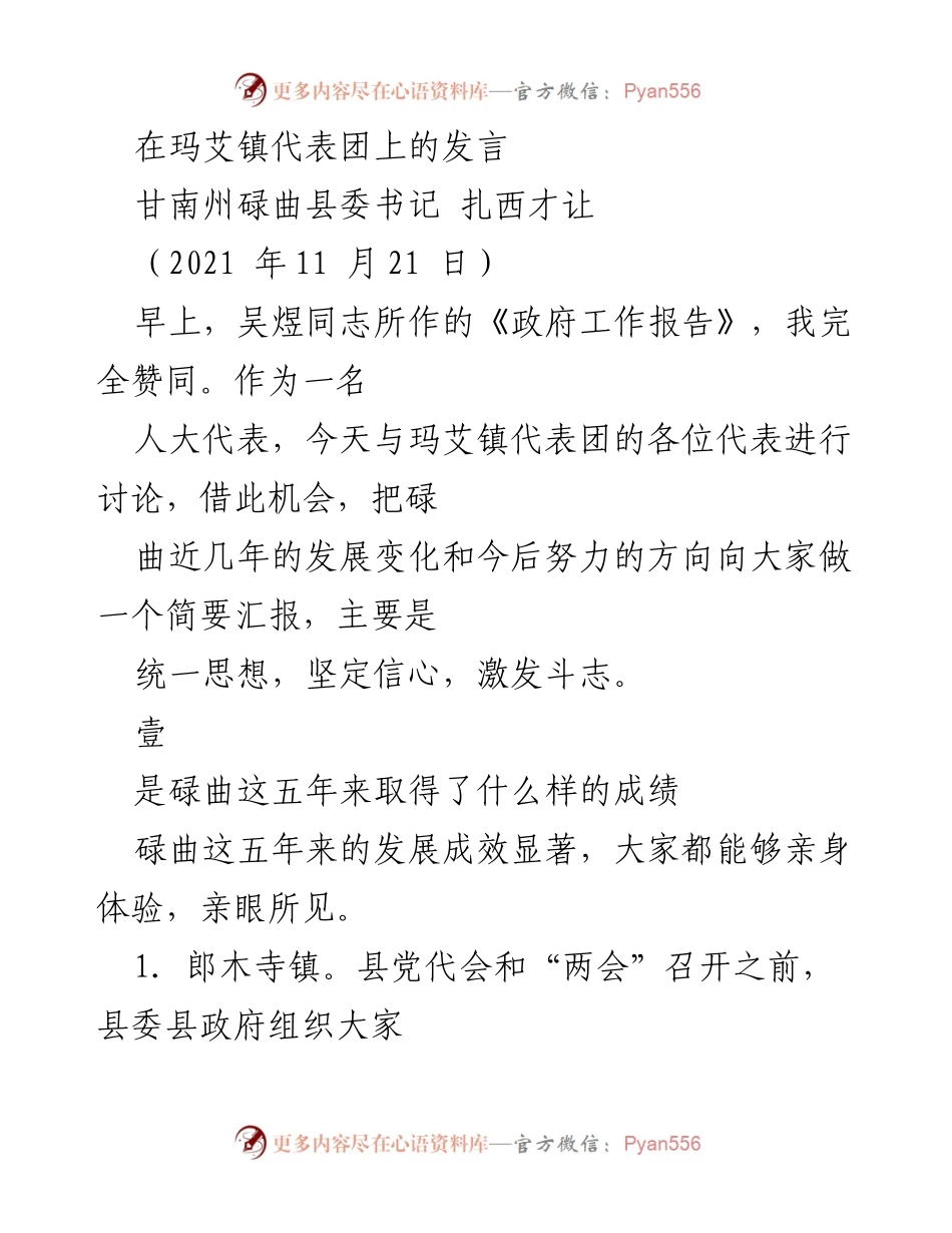 [发言] 玛艾镇代表团 - 碌曲县发展成就与未来方向汇报.docx_第1页