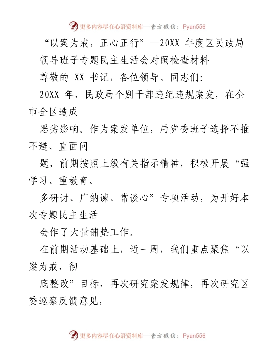 [发言] 民政局领导班子专题民主生活会 - 以案为戒，正心正行：民政局领导班子对照检查发言.docx_第1页