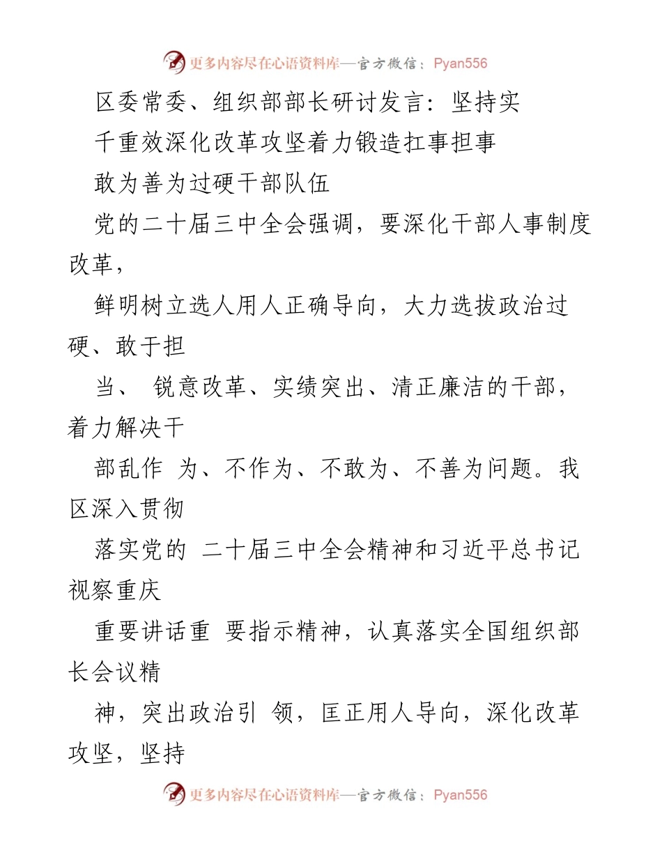 [发言] 研讨会 - 深化干部人事制度改革，锻造过硬干部队伍.docx_第1页