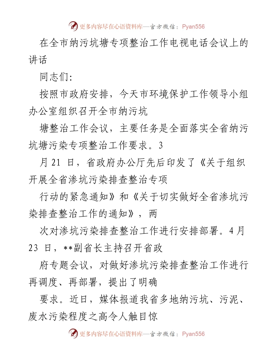 [发言] 电视电话会议 - 全市纳污坑塘专项整治工作的重要性与紧迫性讲话.docx_第1页