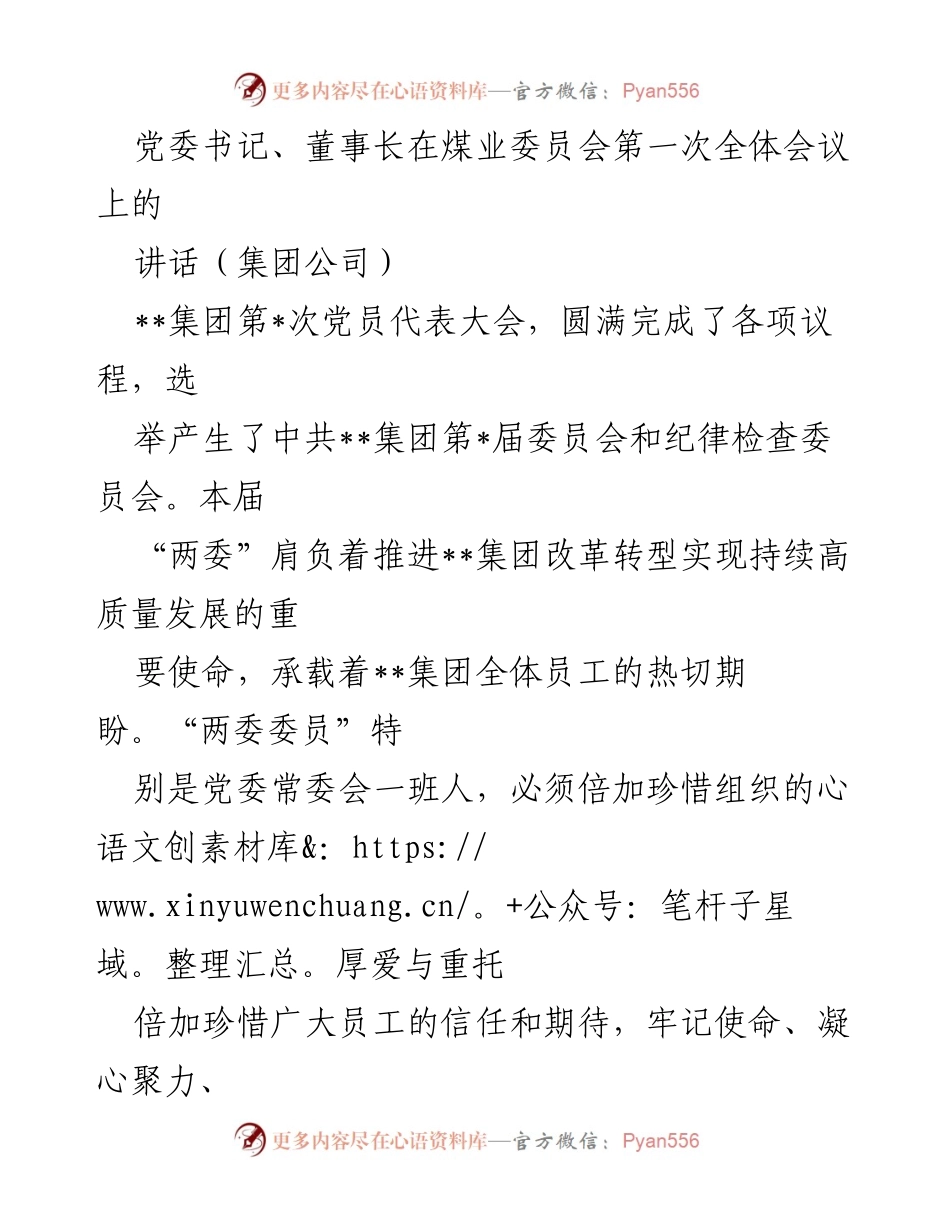 [发言] 煤业委员会第一次全体会议 - 党委书记讲话：推进改革转型，实现高质量发展.docx_第1页