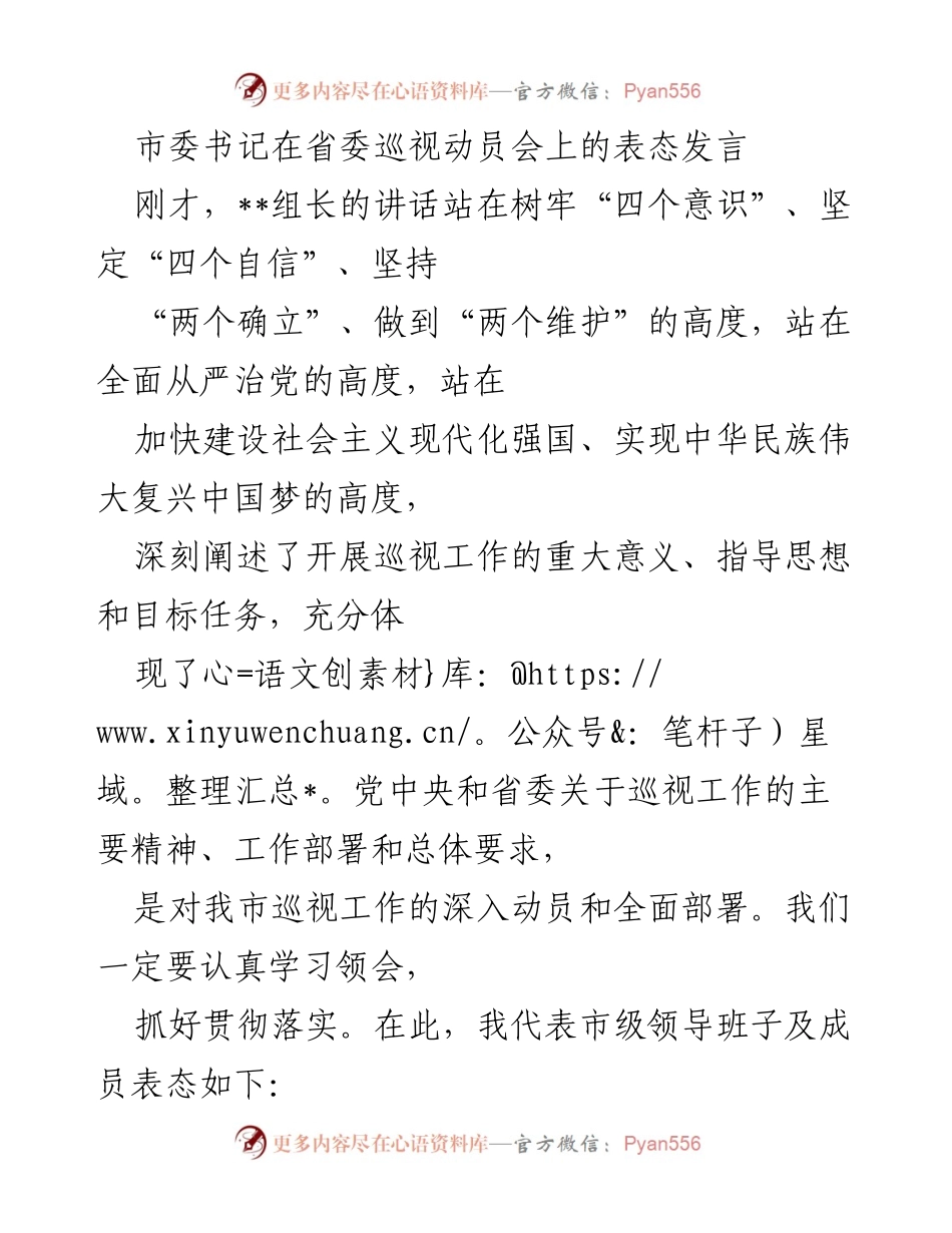 [发言] 省委巡视动员会 - 市委书记对巡视工作的表态发言.docx_第1页