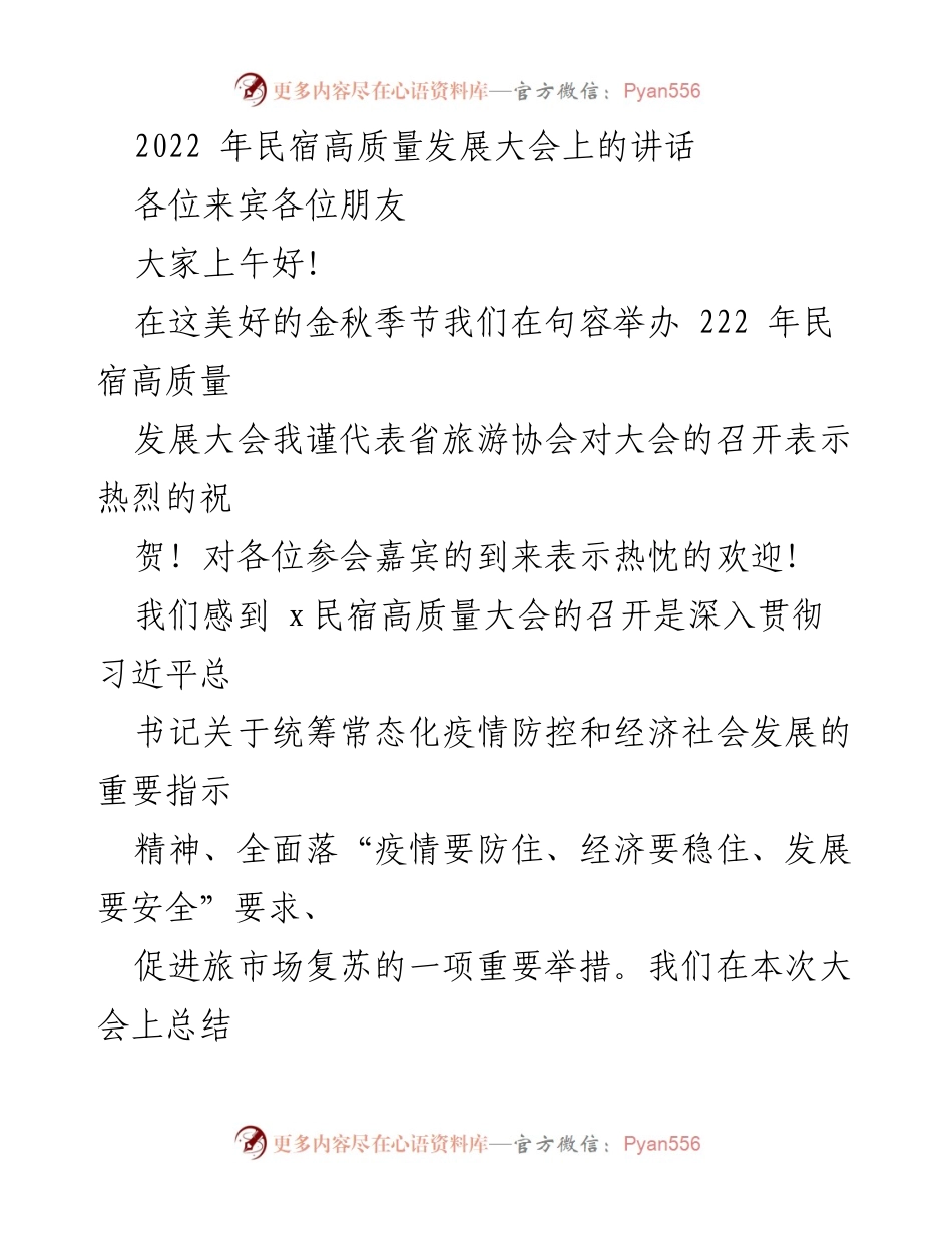 [发言] 民宿高质量发展大会 - 民宿高质量发展的重要性与未来展望.docx_第1页
