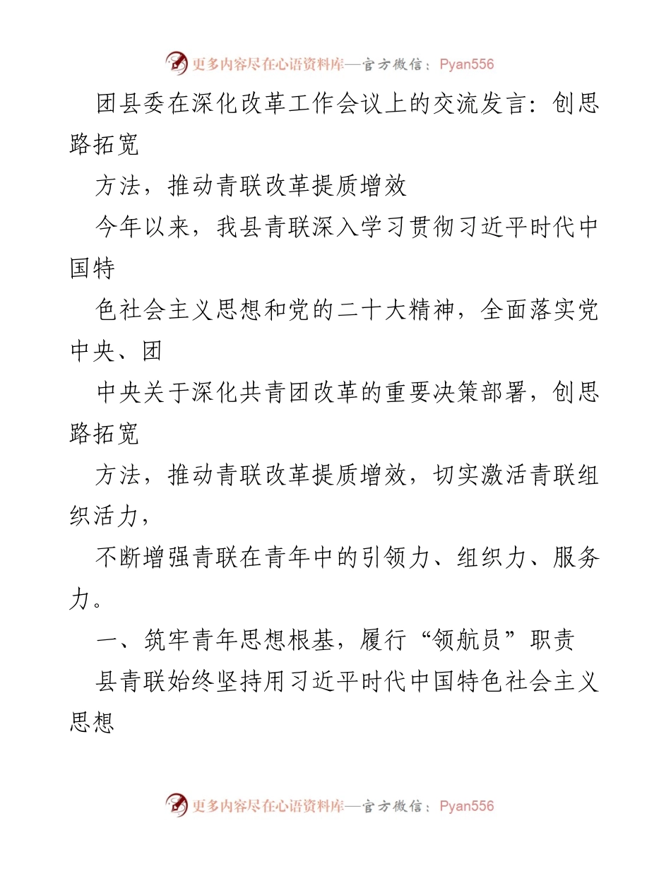 [发言] 深化改革工作会议 - 推动青联改革提质增效的实践与思考.docx_第1页