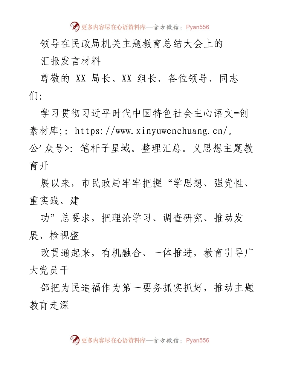 [发言] 民政局机关主题教育总结大会 - 深入学习贯彻习近平思想，推动民政事业高质量发展.docx_第1页