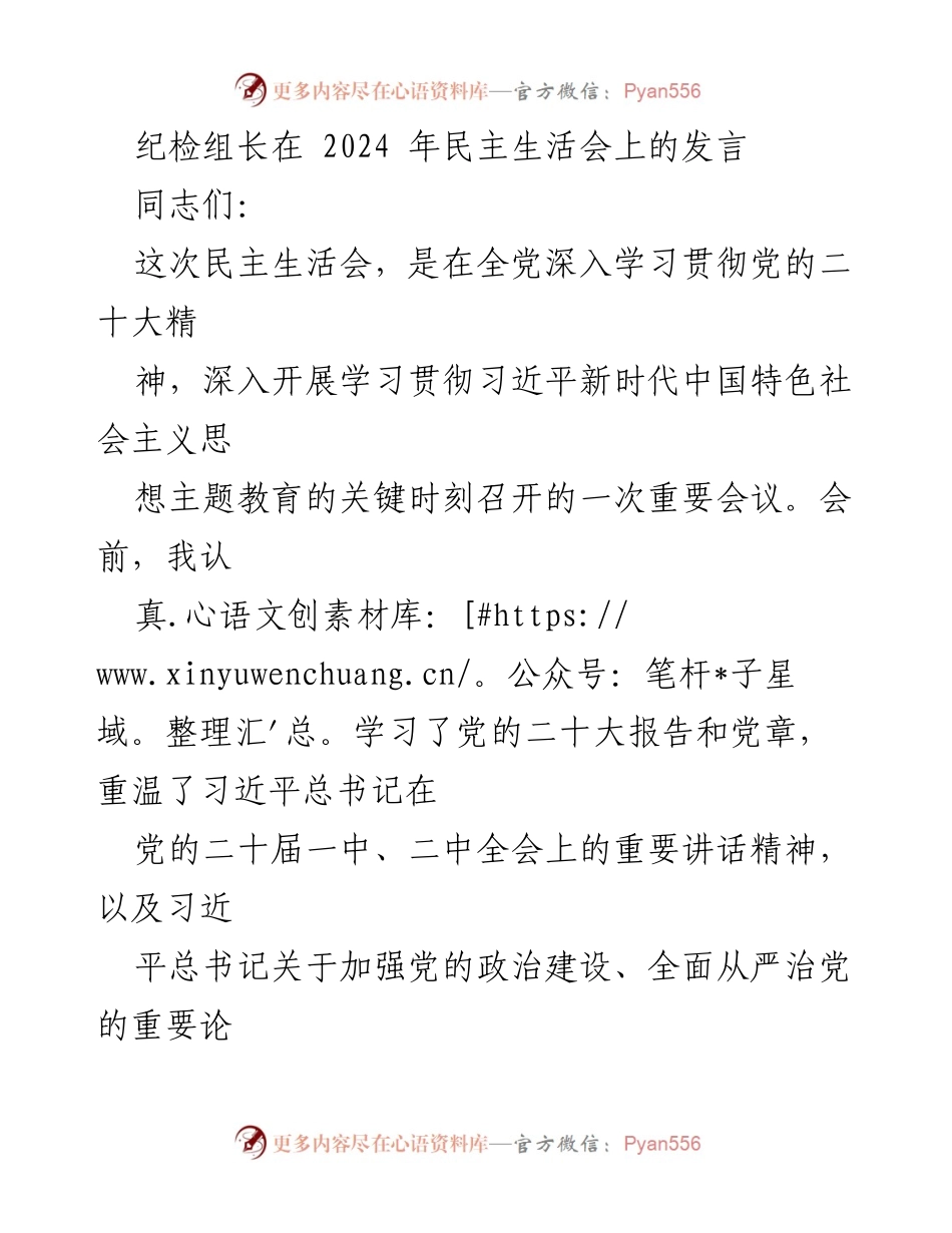 [发言] 民主生活会 - 纪检组长2024年民主生活会发言要点总结.docx_第1页