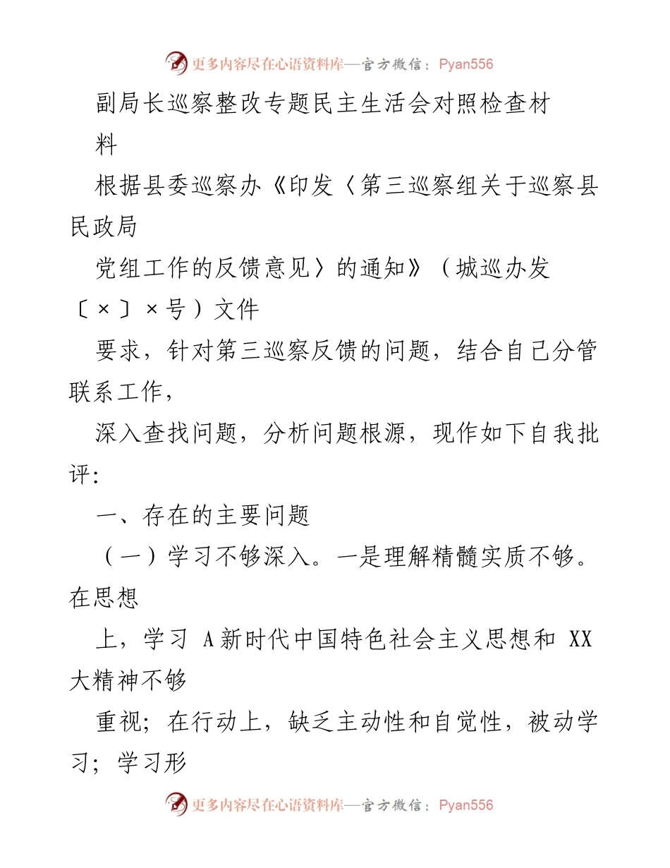[发言] 民政局巡察整改专题民主生活会 - 副局长巡察整改自我批评与反思.docx_第1页