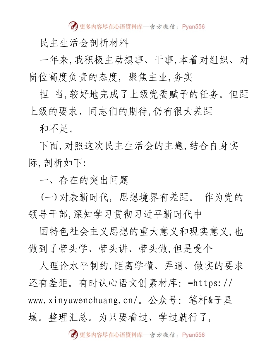 [发言] 民主生活会 - 自我剖析与不足反思.docx_第1页