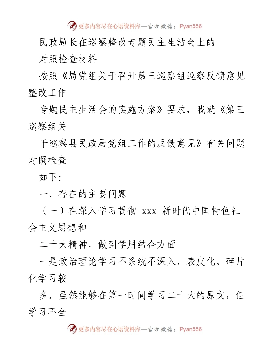 [发言] 民政局巡察整改专题民主生活会 - 民政局长对照检查材料总结.docx_第1页