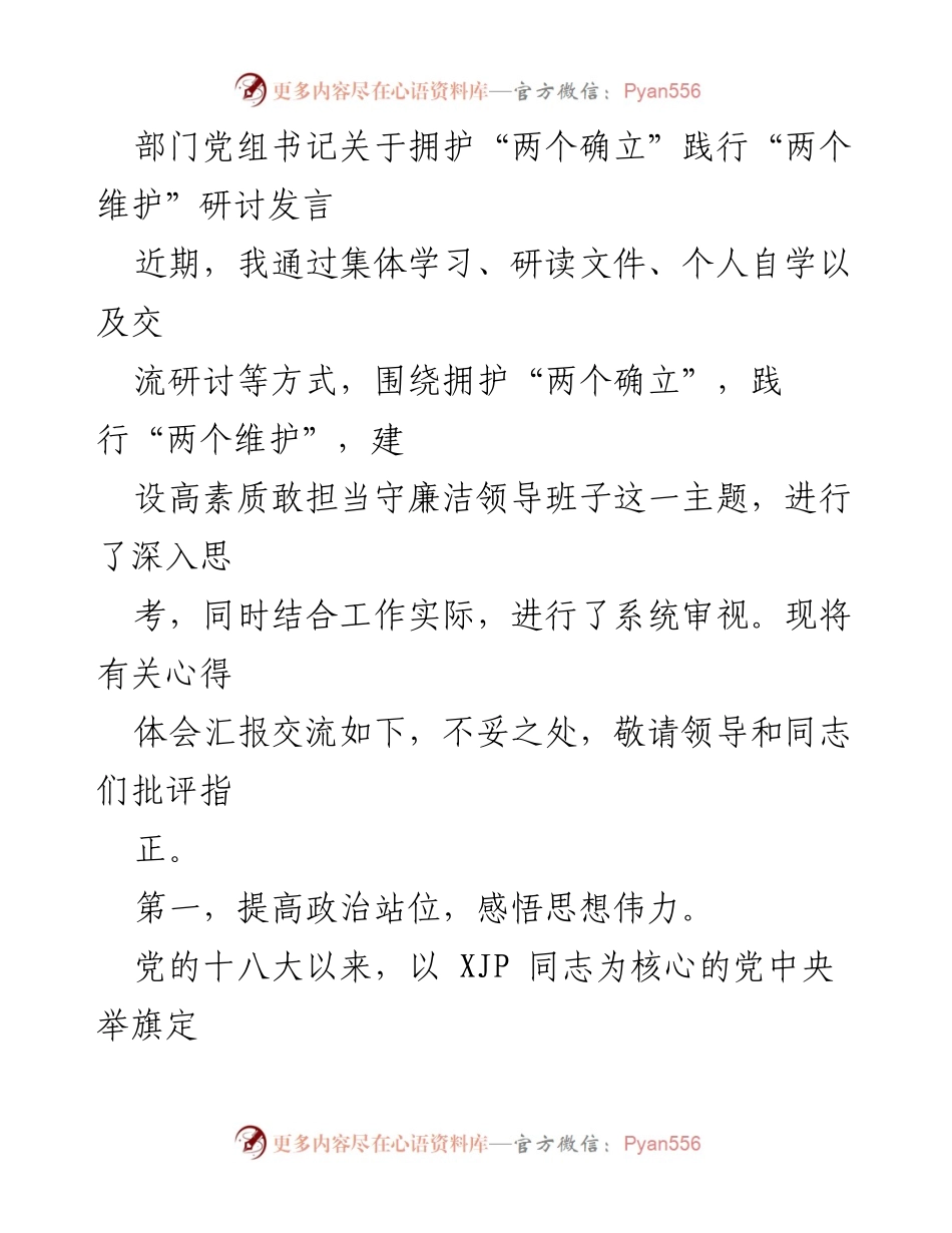 [发言] 研讨会 - 深入理解“两个确立”与“两个维护”的重要性_2.docx_第1页