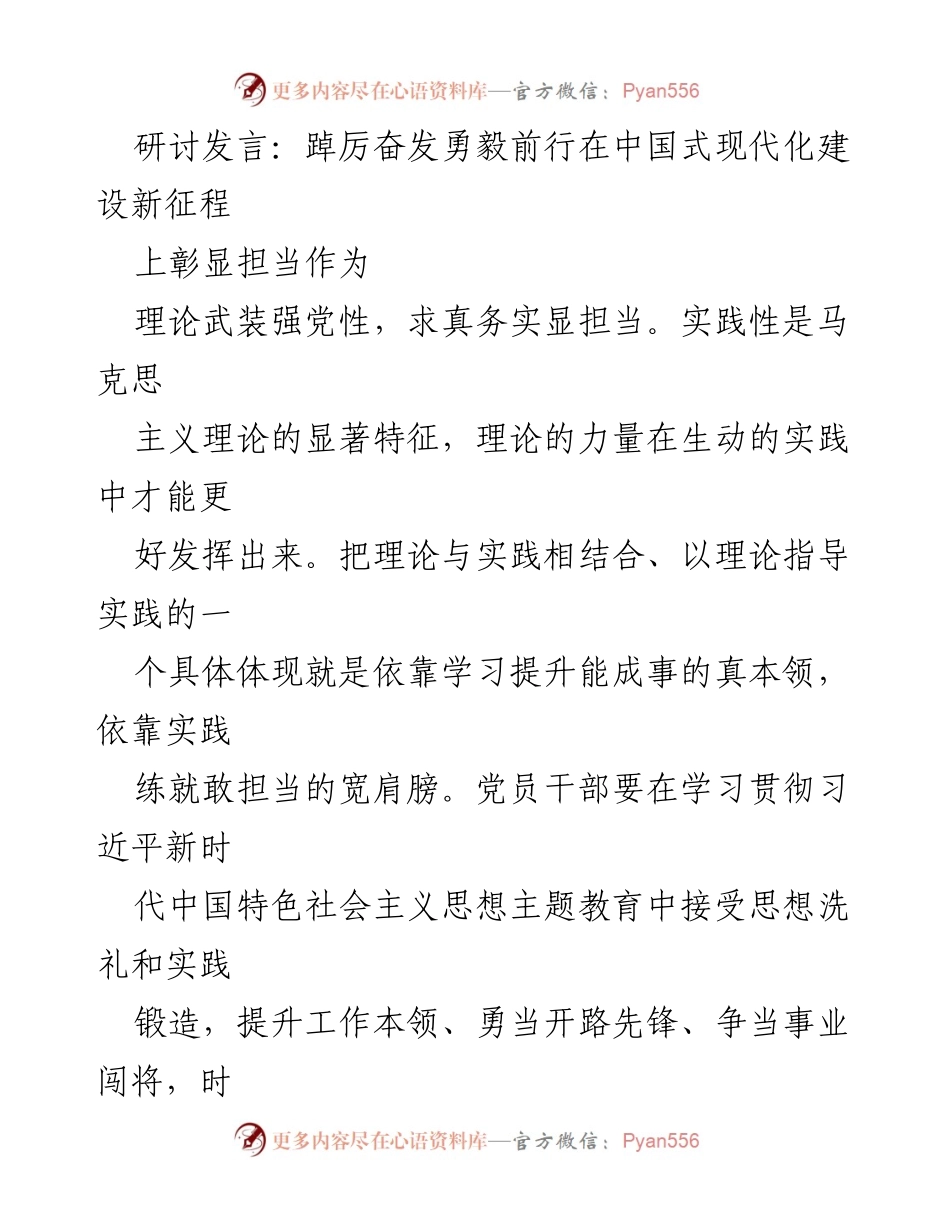 [发言] 研讨会 - 理论与实践结合，勇毅前行中国式现代化新征程.docx_第1页