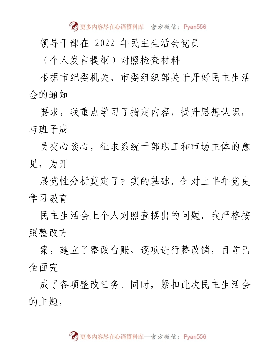 [发言] 民主生活会 - 领导干部个人对照检查材料发言提纲.docx_第1页