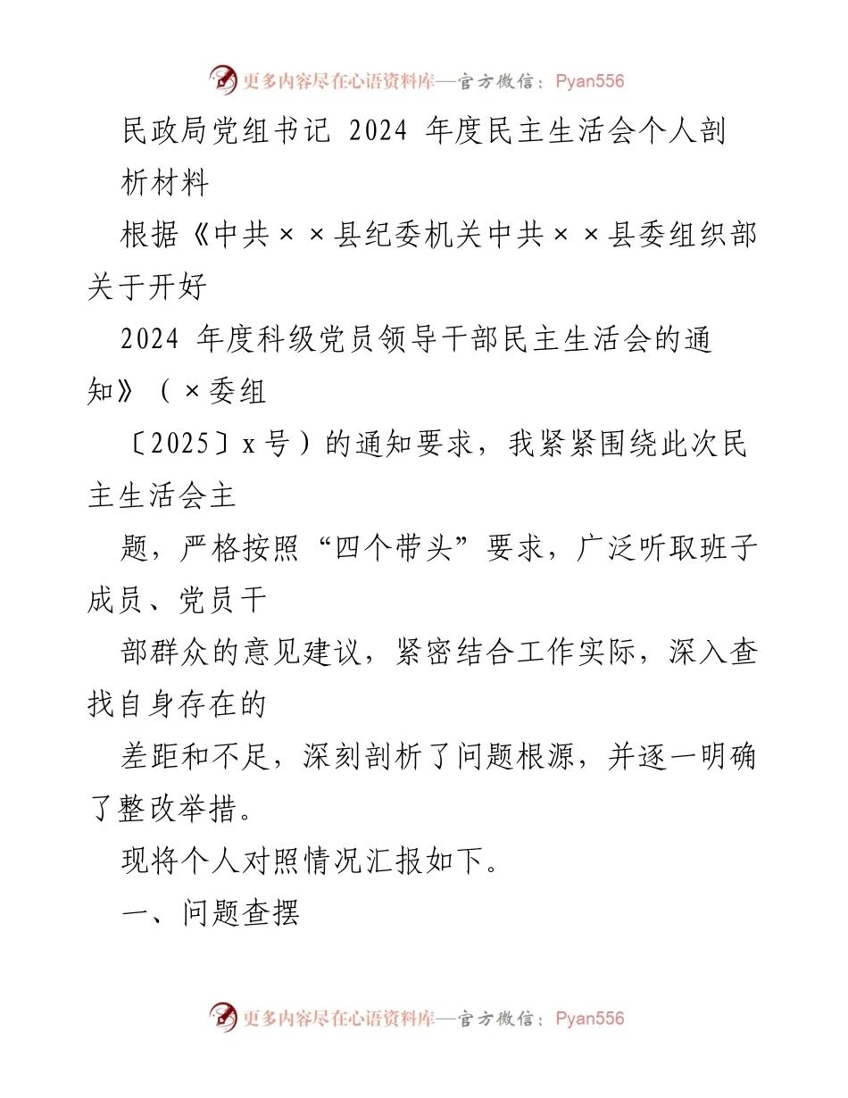 [发言] 民政局党组书记年度民主生活会 - 个人剖析与整改措施报告.docx_第1页