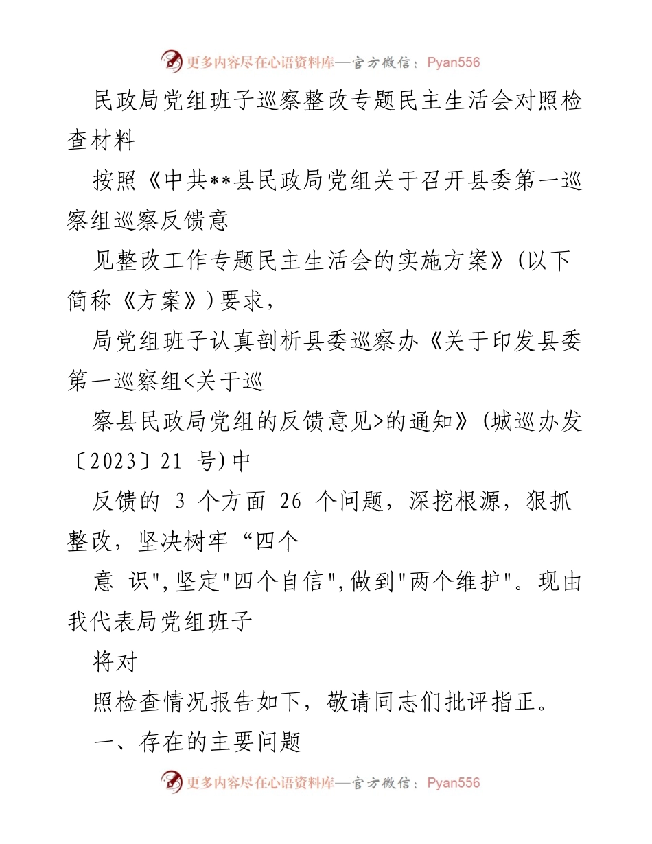 [发言] 民政局党组班子巡察整改专题民主生活会 - 民政局党组班子巡察整改情况对照检查发言材料.docx_第1页