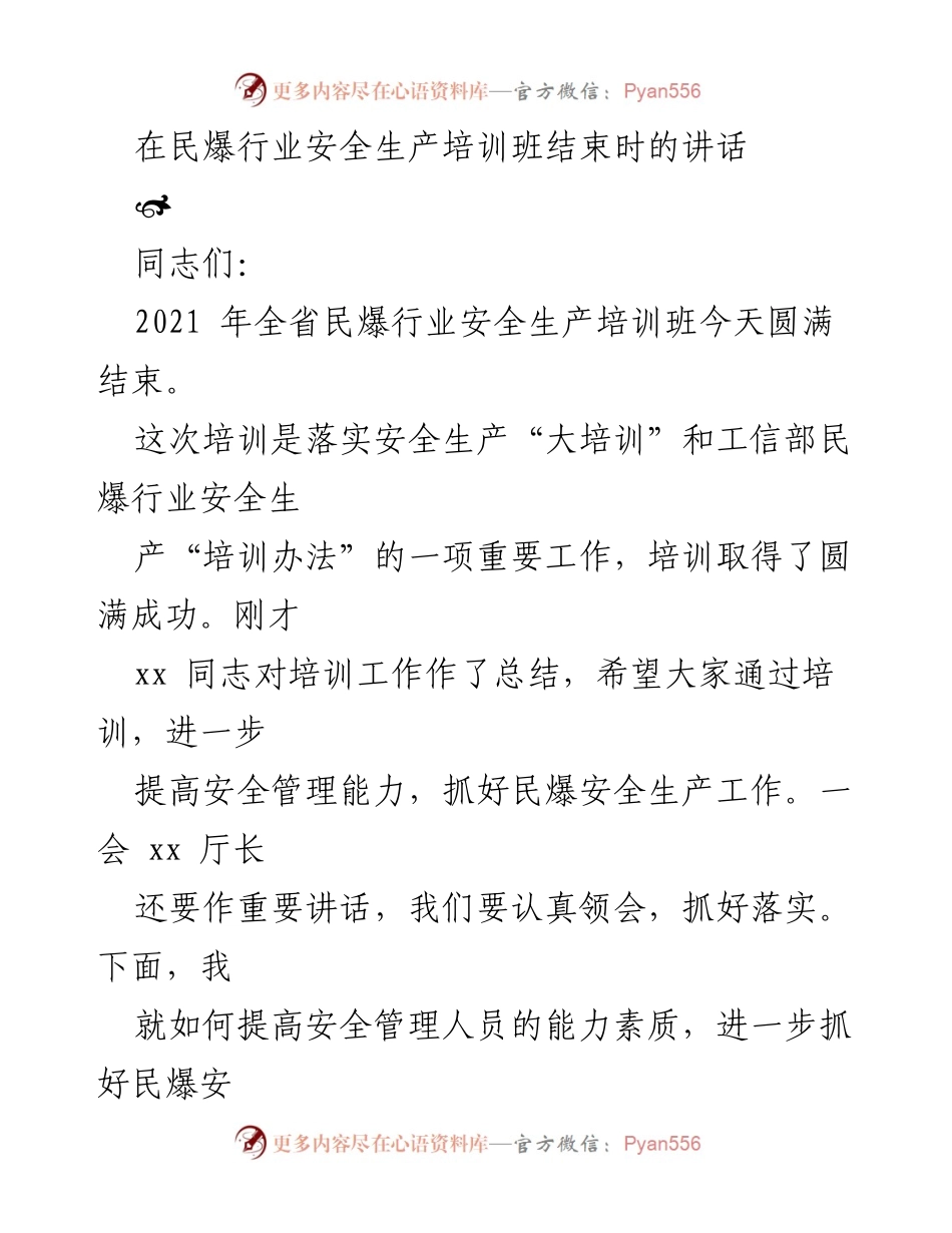[发言] 民爆行业安全生产培训班 - 提高安全管理能力，确保民爆行业安全生产.docx_第1页