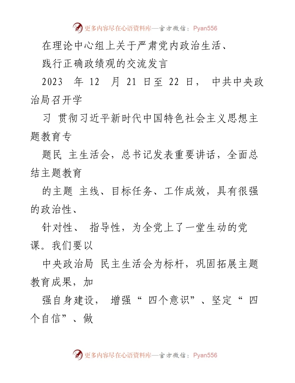 [发言] 理论中心组 - 严肃党内政治生活与正确政绩观的交流发言.docx_第1页