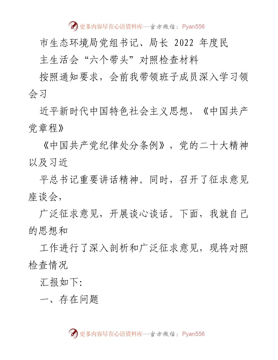 [发言] 生态环境局年度民主生活会 - 2022年度民主生活会对照检查材料总结.docx_第1页