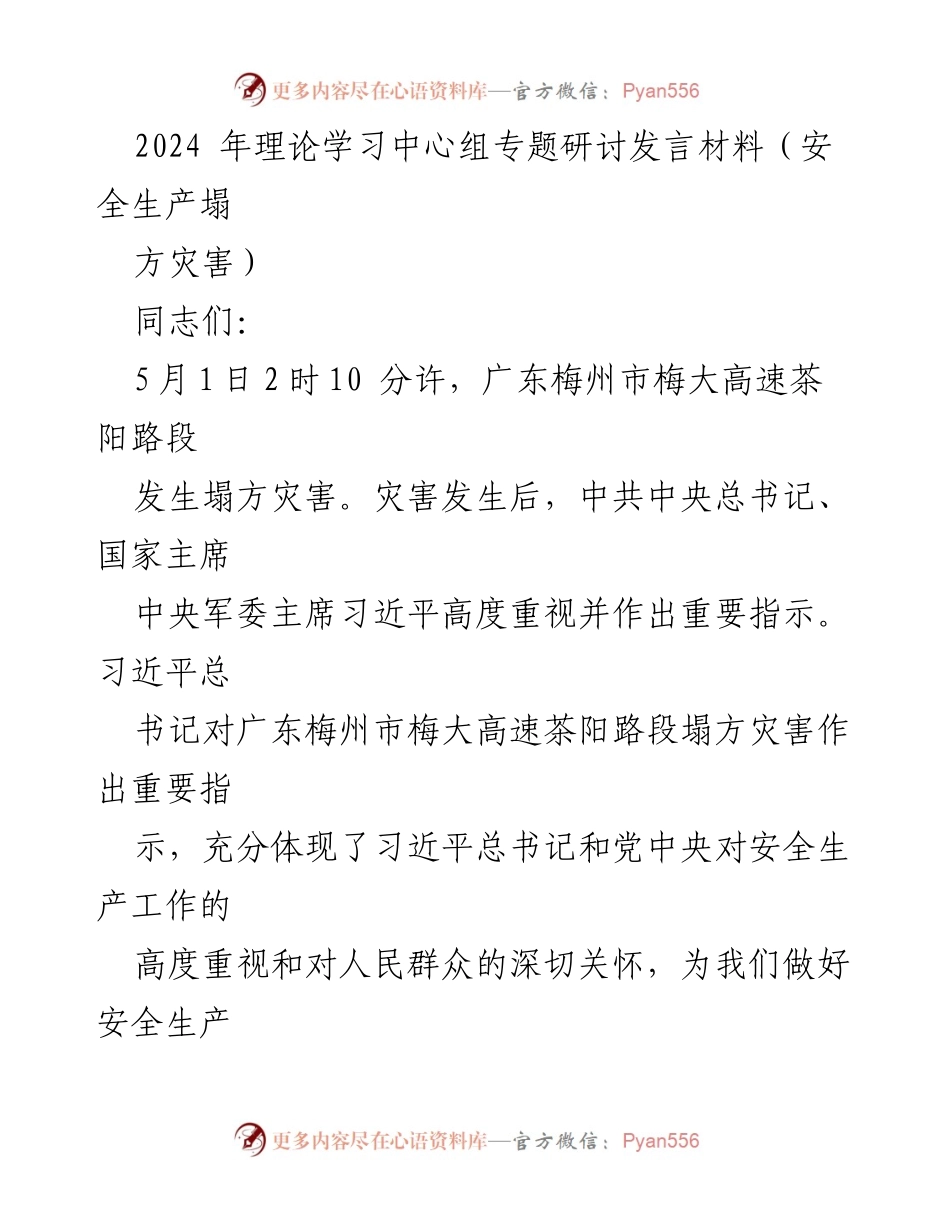 [发言] 理论学习中心组专题研讨 - 加强安全生产工作的重要性与责任担当.docx_第1页