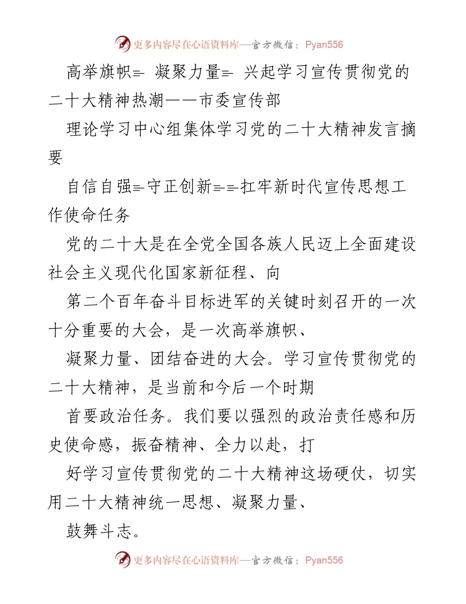 [发言] 理论学习中心组 - 高举旗帜，凝聚力量：深入学习宣传贯彻党的二十大精神.docx_第1页