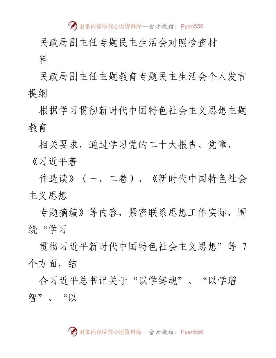 [发言] 民政局副主任专题民主生活会 - 深刻检视与自我剖析：学习贯彻习近平新时代中国特色社会主义思想的反思与整改措施.docx_第1页