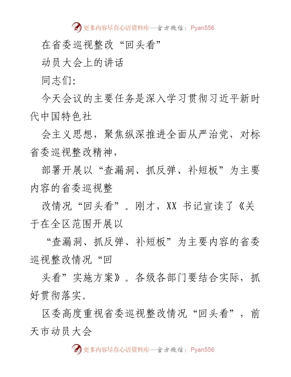 [发言] 省委巡视整改“回头看”动员大会 - 深入推进巡视整改，确保整改成效落实.docx_第1页