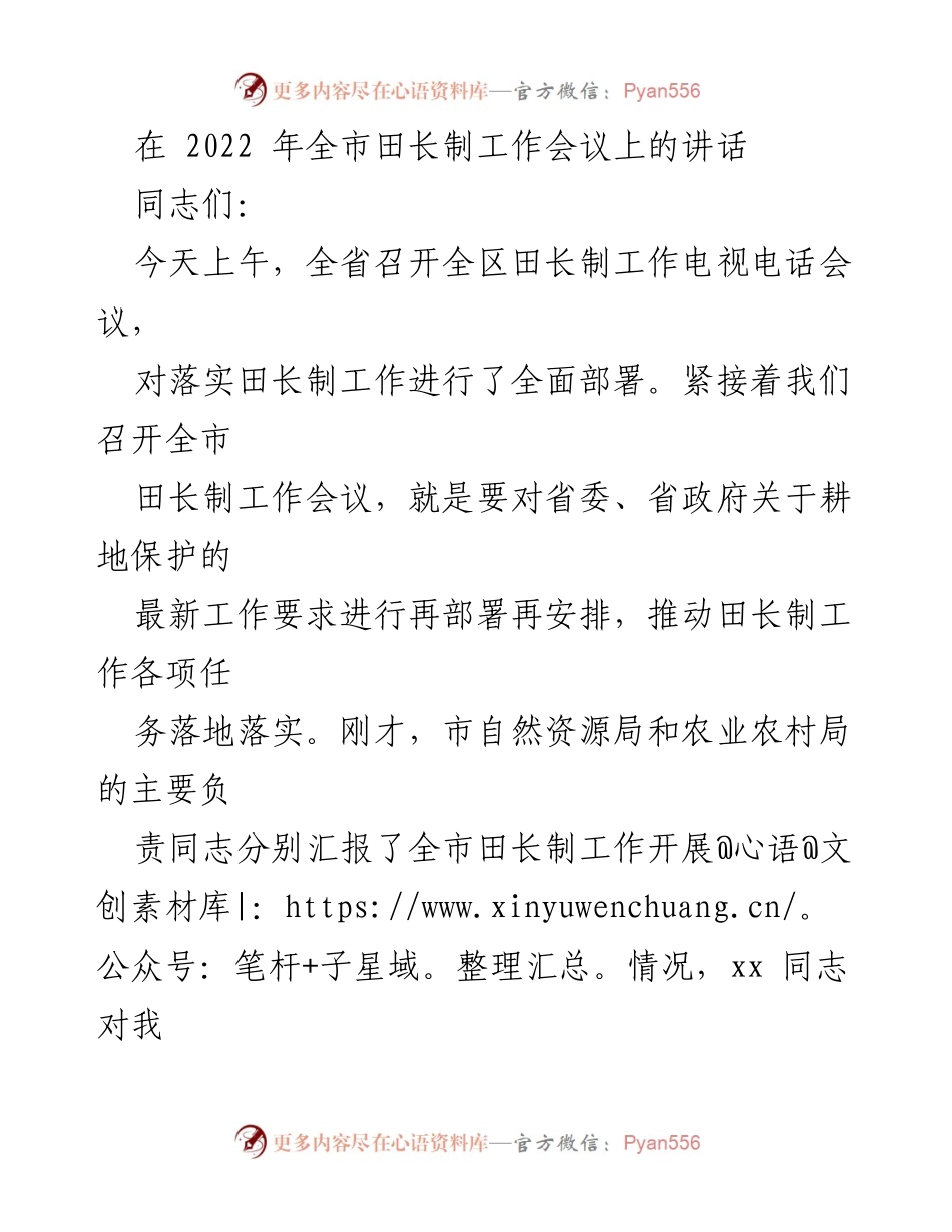 [发言] 田长制工作会议 - 强调耕地保护的重要性与战略意义.docx_第1页
