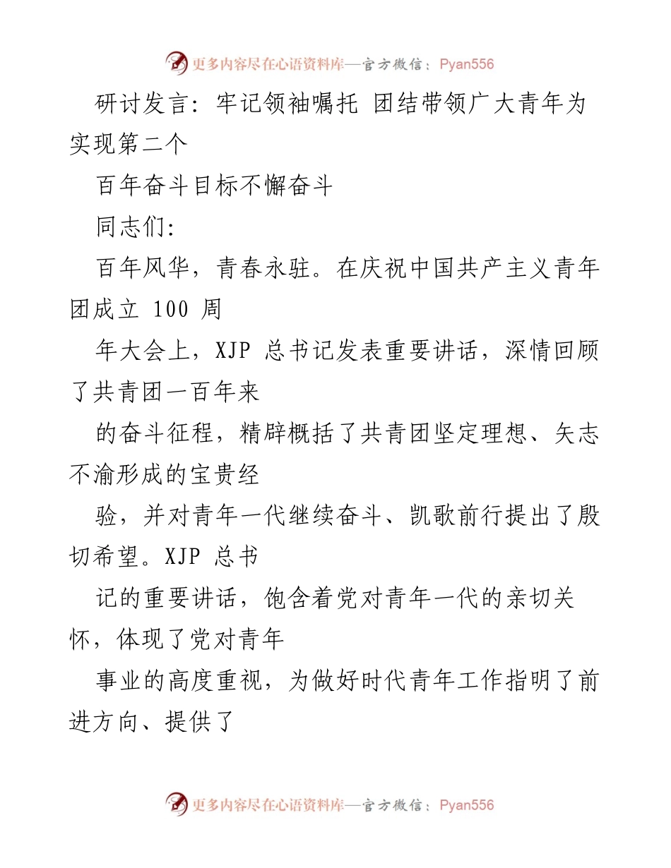 [发言] 研讨会 - 团结青年力量，共筑第二个百年奋斗目标.docx_第1页