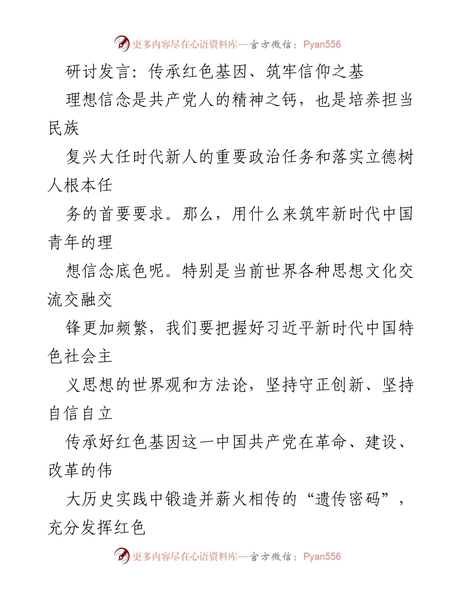 [发言] 研讨会 - 传承红色基因，坚定理想信念的新时代使命.docx_第1页