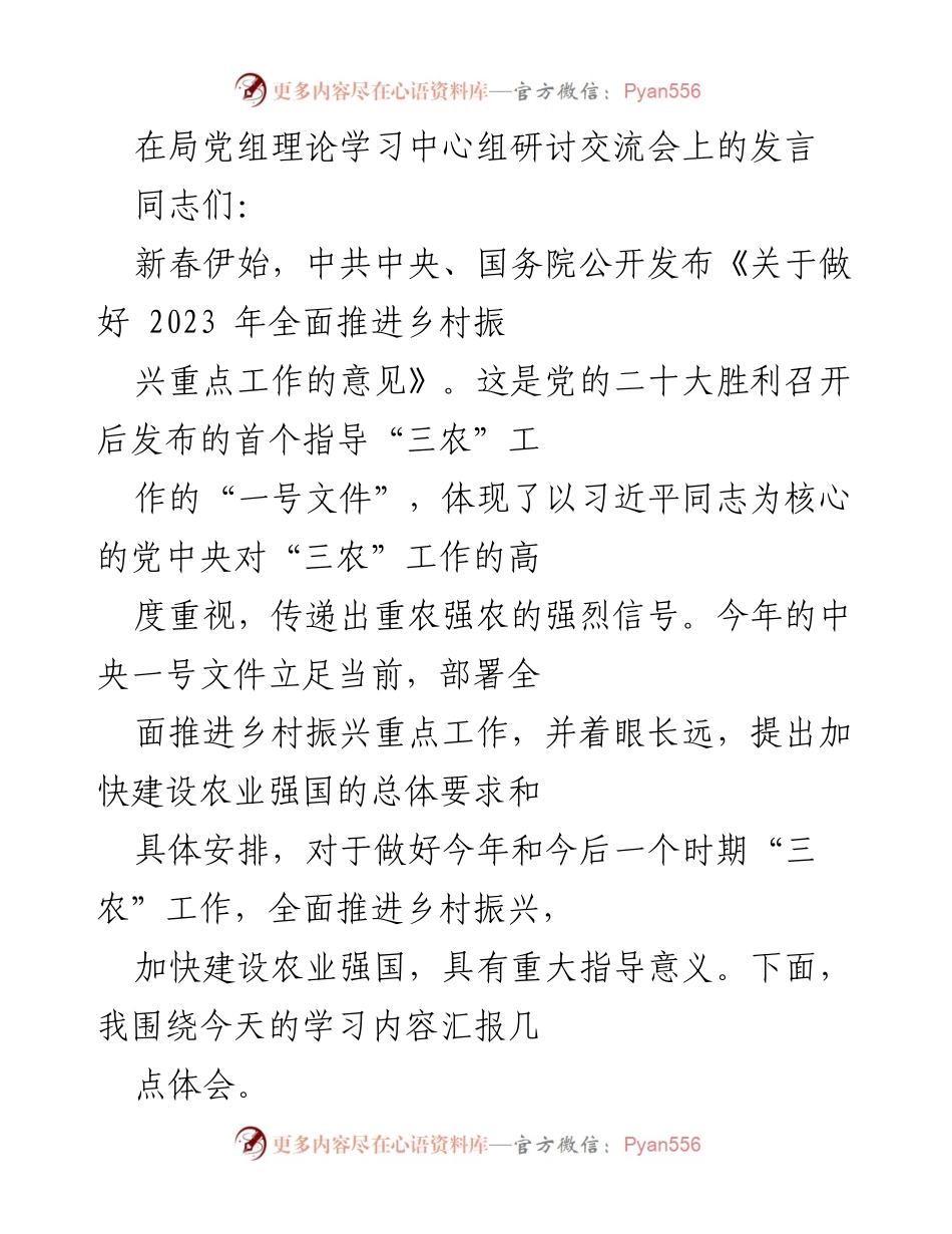 [发言] 理论学习中心组研讨交流会 - 深入贯彻中央一号文件，推进乡村振兴与农业强国建设.docx_第1页
