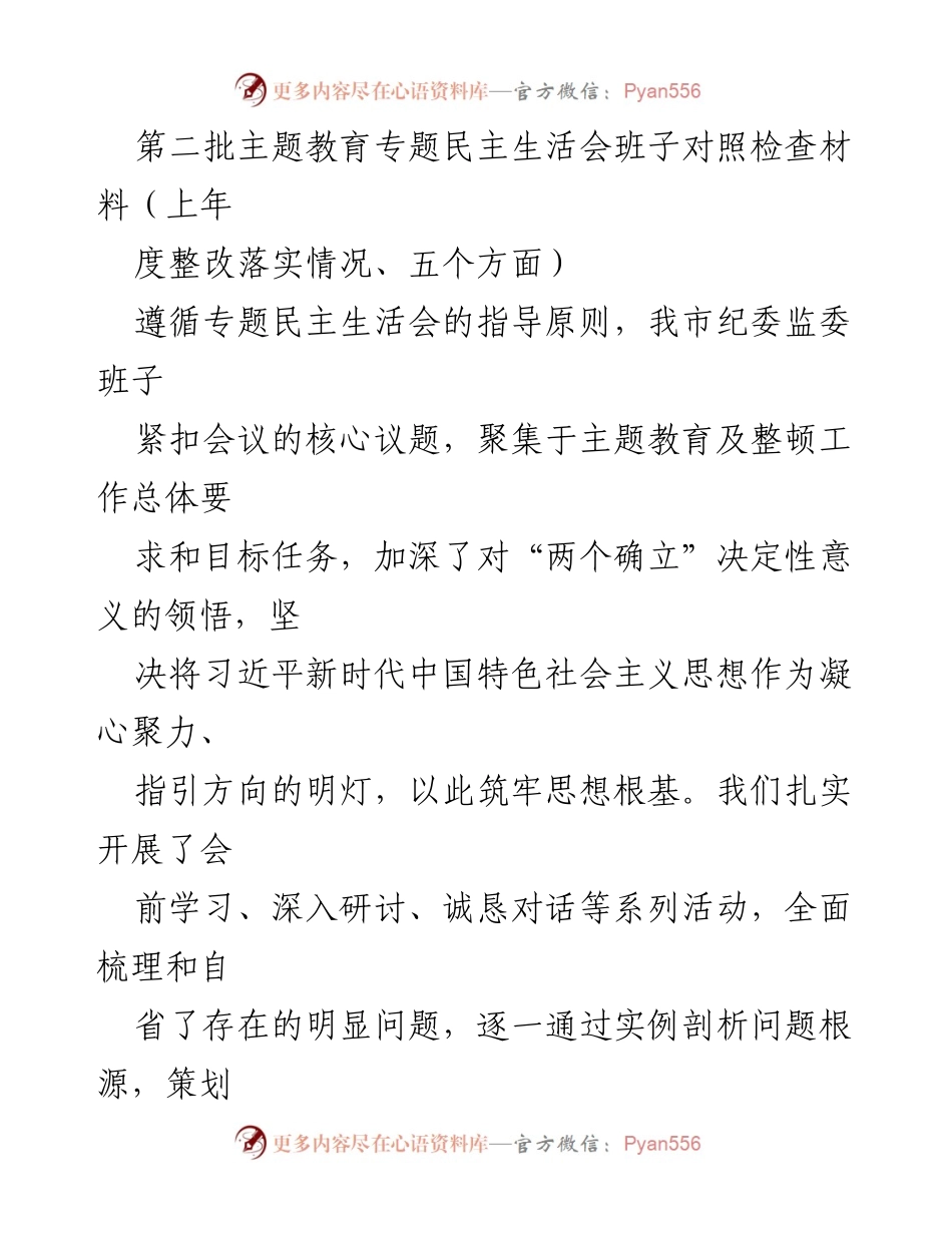 [发言] 民主生活会 - 第二批主题教育专题民主生活会班子对照检查材料及整改落实情况.docx_第1页