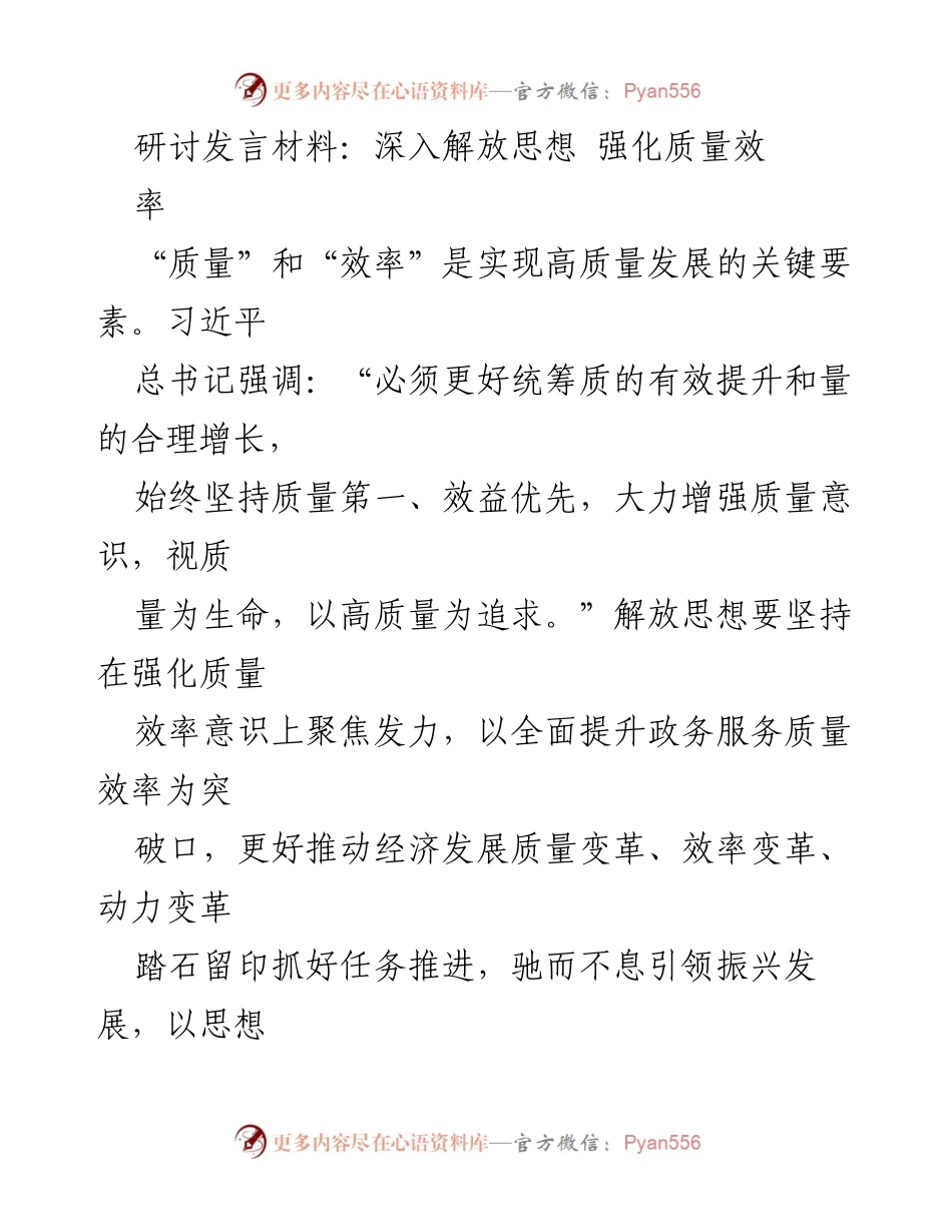 [发言] 研讨会 - 深入解放思想，强化质量与效率意识.docx_第1页