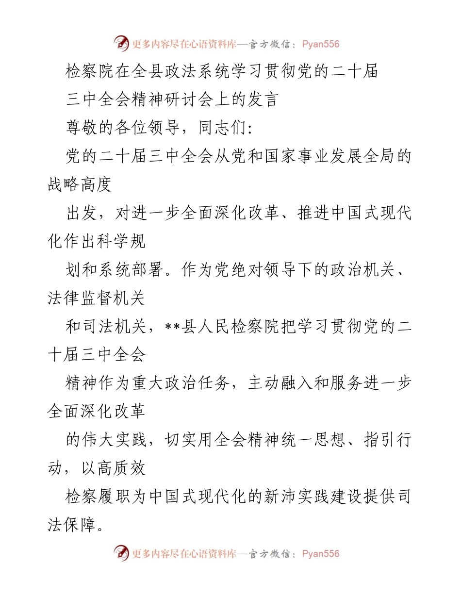 [发言] 研讨会 - 深入学习贯彻党的二十届三中全会精神，推动检察工作高质量发展.docx_第1页